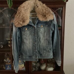 Michael Kors Blue Denim Jacket with real Fur Collar
